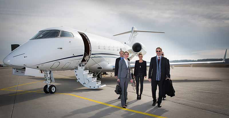 VIP businesspeople are near a private jet. 
