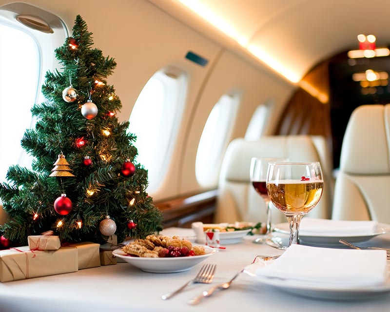 Christmas party on a luxury jet tree decorated in the sleek cabin