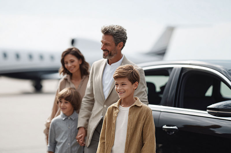 Happy family arriving by private jet.