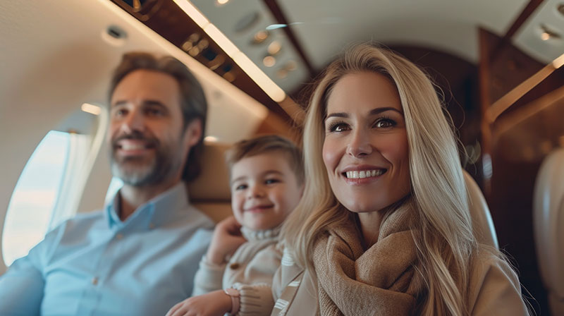 Blonde mother with family aboard a private plane, portraying the joy of family and jet setting with a luxurious aircraft interior.