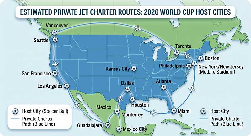 Route map showing private jet charter paths between 2026 World Cup host cities in the USA, Mexico, and Canada.