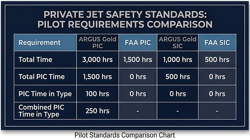Private Jet Safety Standards: Pilot Requirements Comparison chart