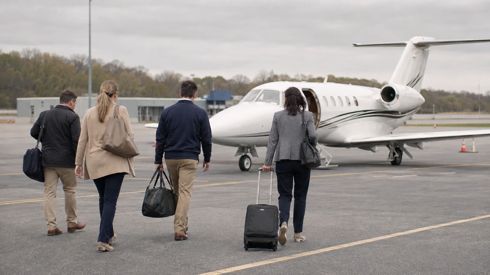 Four travelers walking across an airport apron toward a light jet, carrying their own luggage