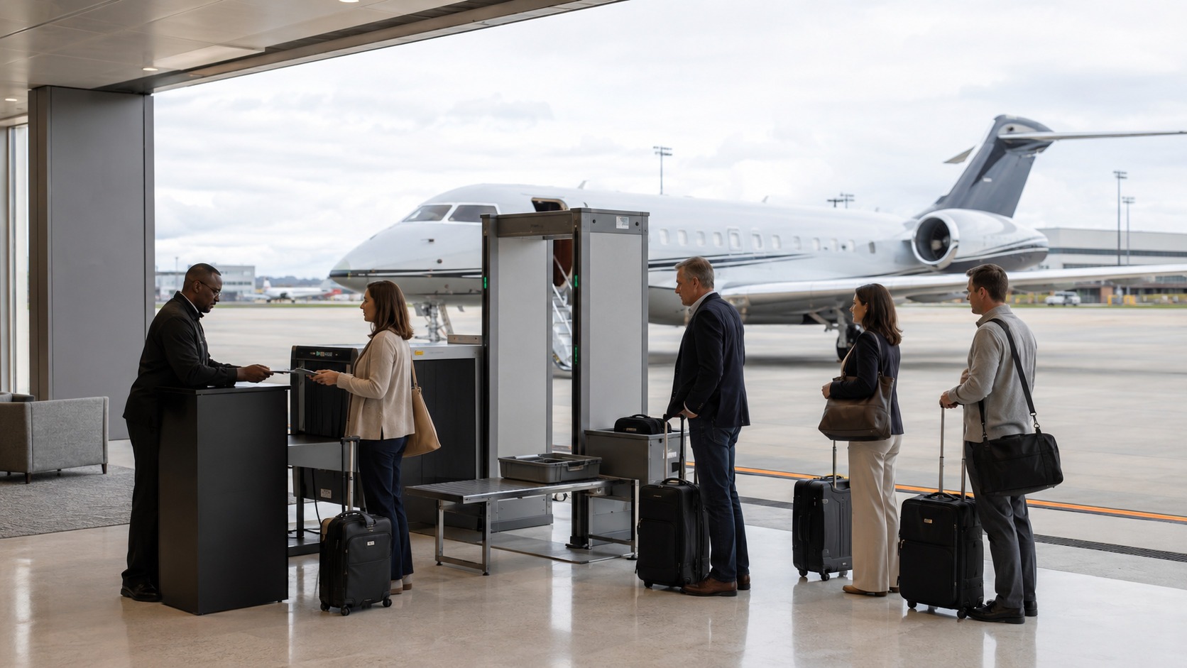 Passengers passing through a security screening station at a private jet terminal