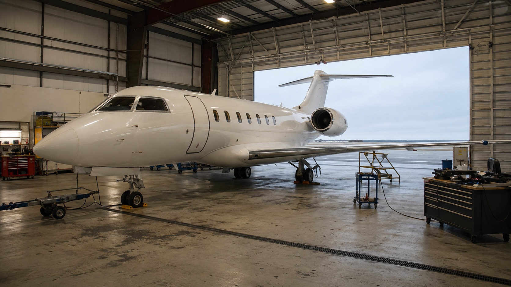 Business jet inside a private hangar surrounded by maintenance stands and equipment