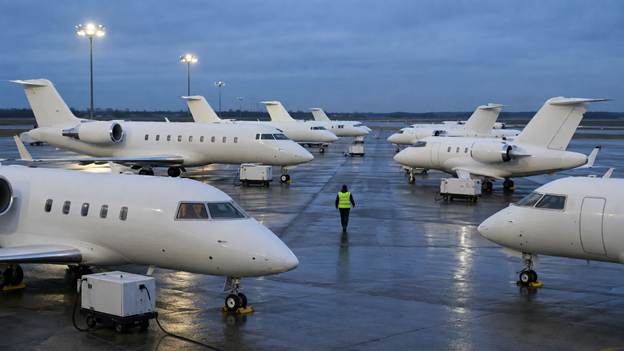 Business jets parked in tight rows on a crowded airport ramp during a major sporting event