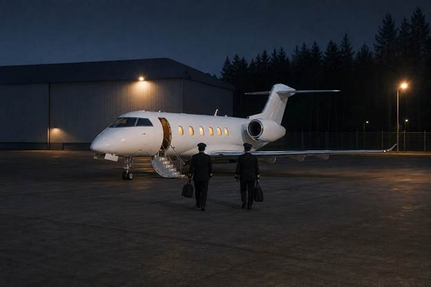 Flight crew walking to a business jet on a quiet reliever airport apron at night
