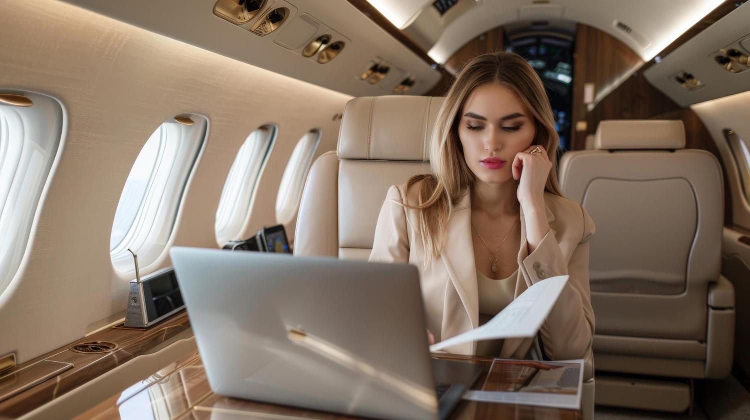 Woman sitting on jet looking at laptop